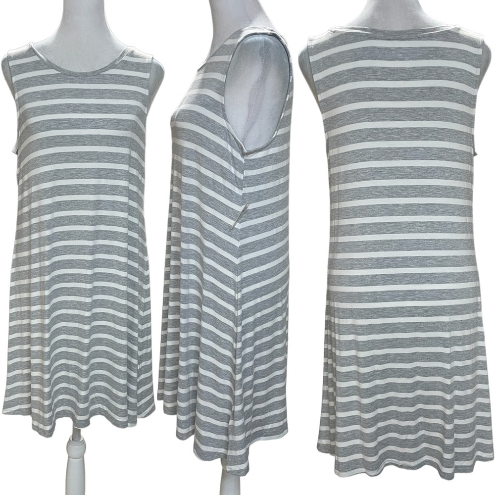 NWT Amazon Essentials Gray & White Striped Sleeveless Crew Neck Dress Size Small